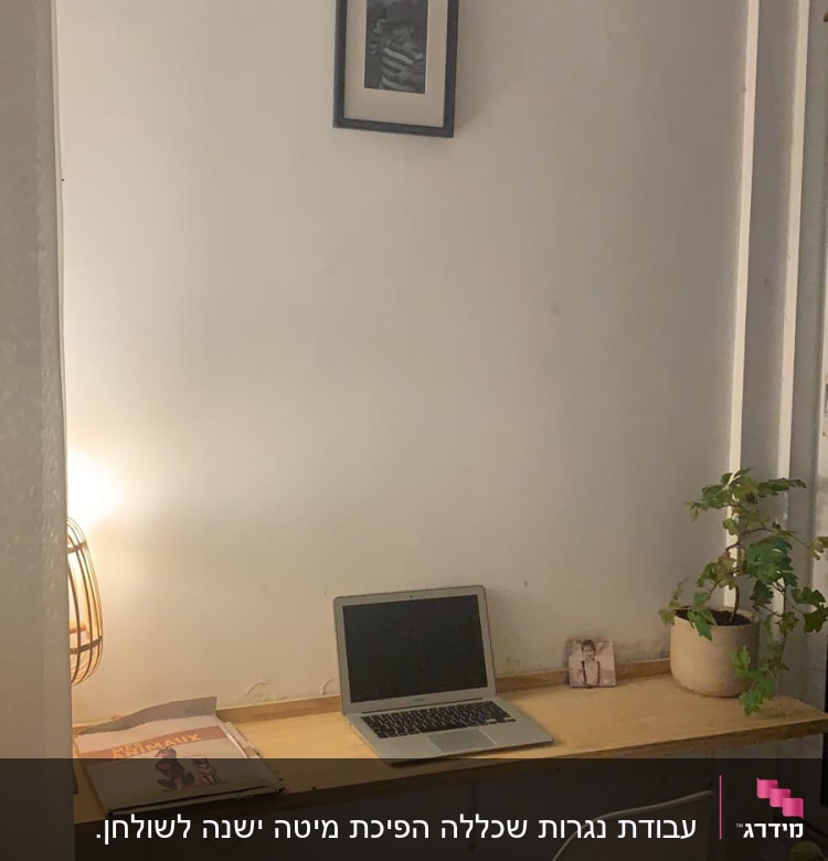 שולחן עבודה עם מחשב נייד, מנורה וצמח